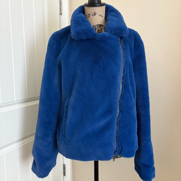Rebecca Minkoff Cobalt Blue Henderson Faux Fur Moto Jacket Coat - Picture 2 of 10